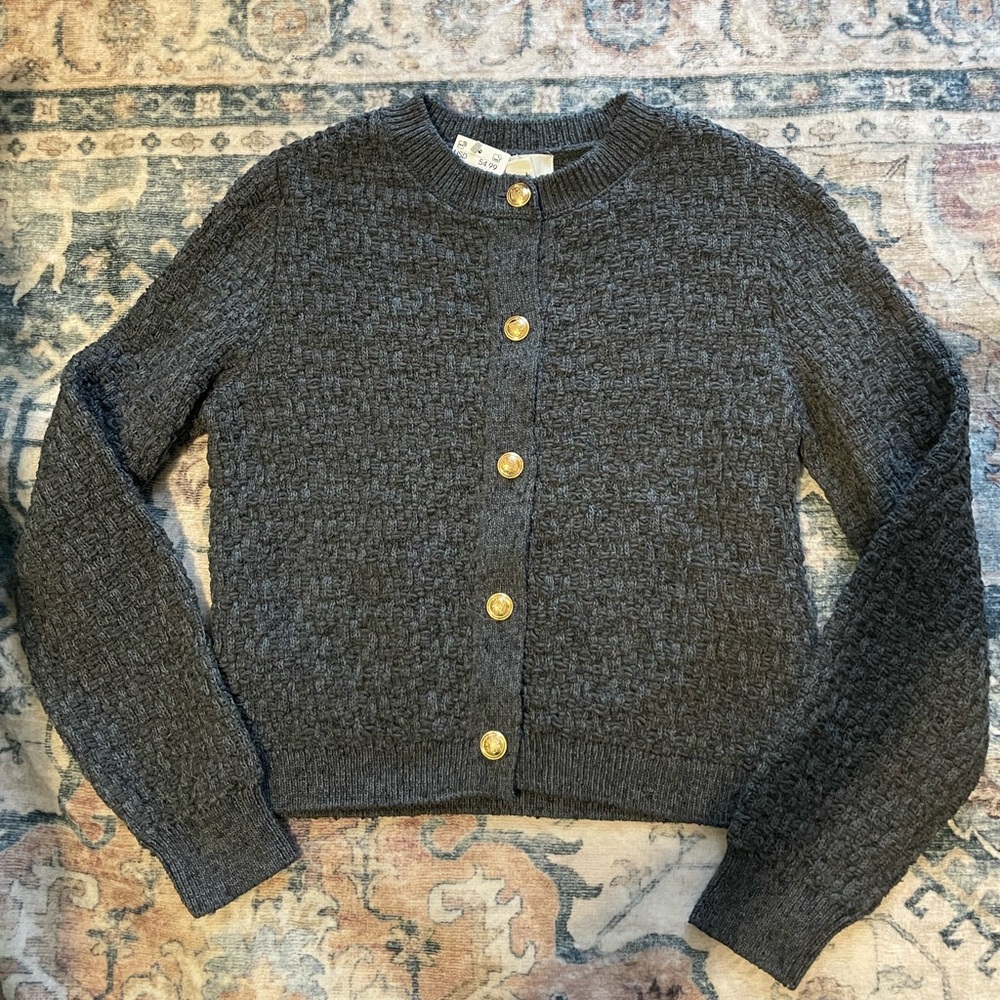 Gray Textured Cardigan with Button Detail